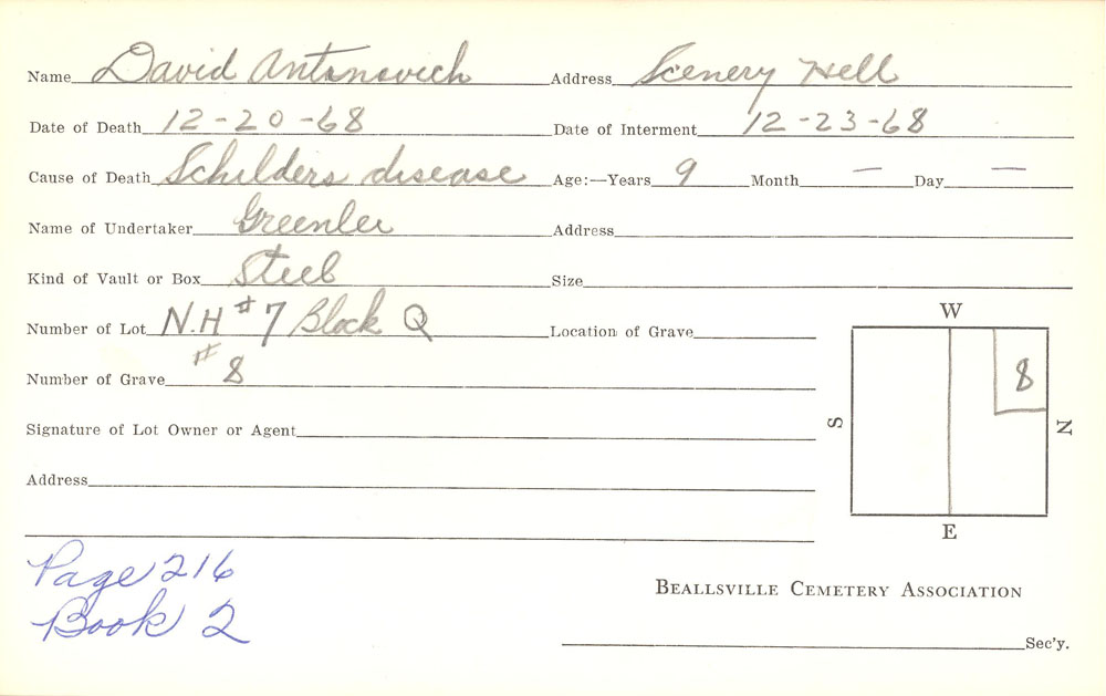 Daivd Antanovich burial card